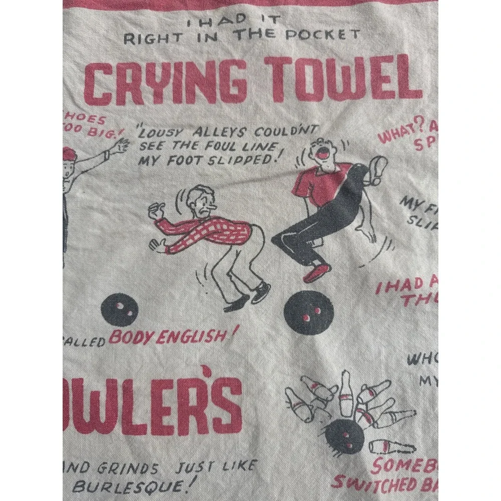 Vintage Bowlers Crying Towel Novelty Bowling Excuses Humorous Tea Towel Red